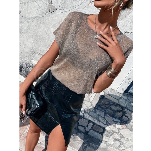 Lurex Mocha Brown Muscle Tee Knit Top - Picture 3 of 8